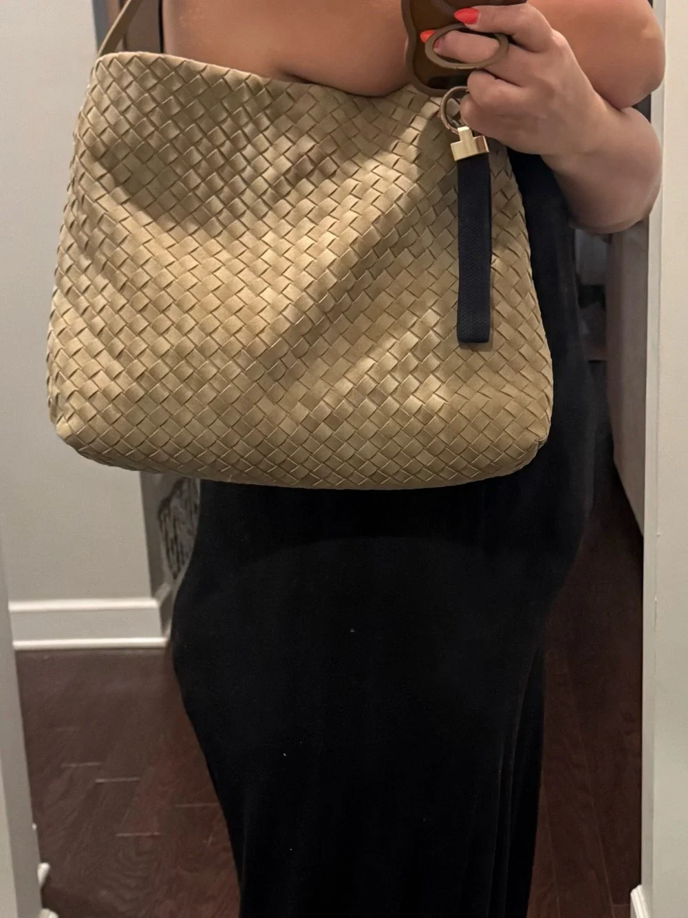 Woven Suede Shoulder Bag in Tan